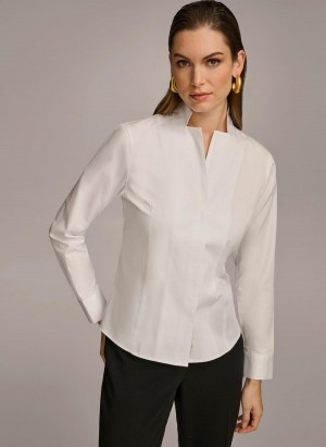 Donna Karan Cotton Notch Collar Button Down Sweaters and Tops White | USA_DK70849