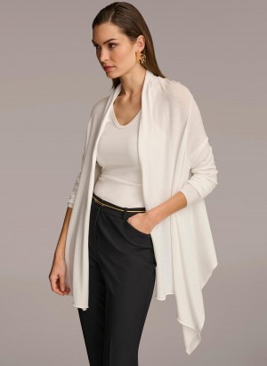 Donna Karan Long Sleeve Drape Cardigan Sweaters and Tops Cream | USA_DK16932