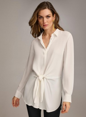 Donna Karan Long Sleeve High-low With Tie At Waist Sweaters and Tops Cream | USA_DK91733