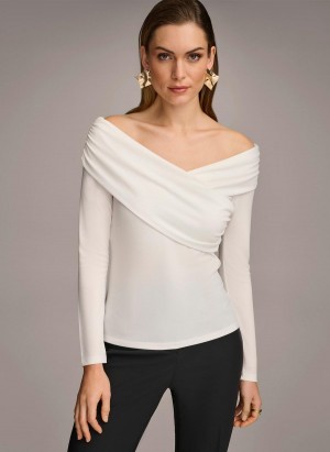 Donna Karan Off Shoulder Wrap Sweaters and Tops Cream | USA_DK82859