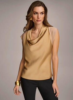 Donna Karan Sleeveless Cowl Neck Sweaters and Tops Gold | USA_DK51483