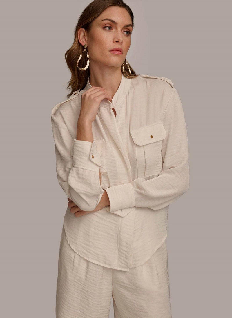 Donna Karan Button Up With Pockets Sweaters and Tops Cream | USA_DK92118