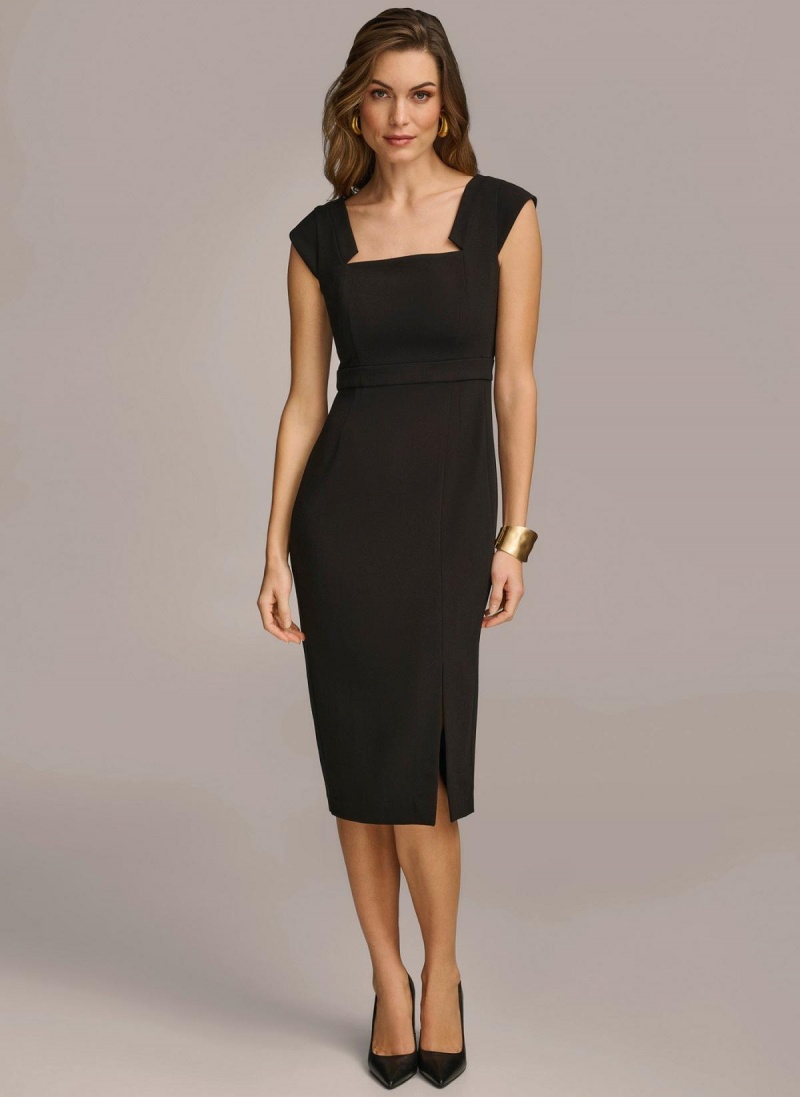 Donna Karan Cap Sleeve Square Neck Sheath With Slit Dress Black | USA_DK21513