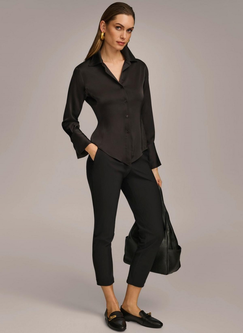 Donna Karan Collared Button Down Blouse Sweaters and Tops Black | USA_DK85128