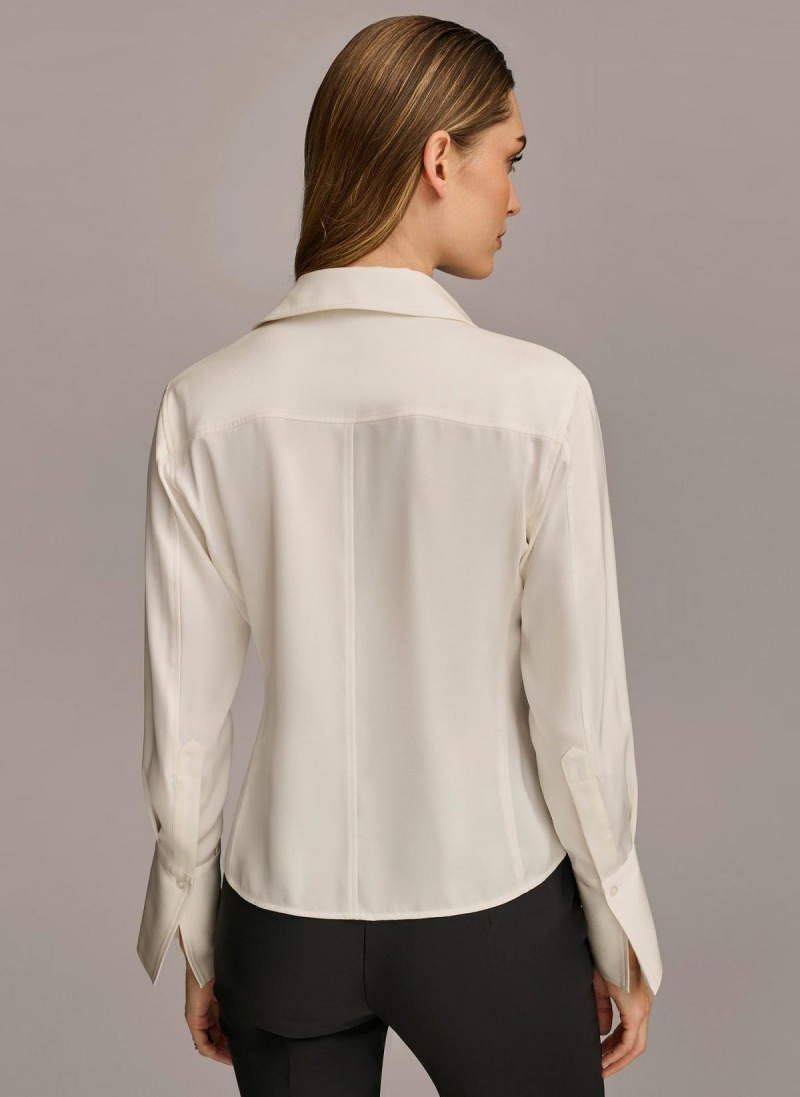 Donna Karan Collared Button Down Blouse Sweaters and Tops Cream | USA_DK37779