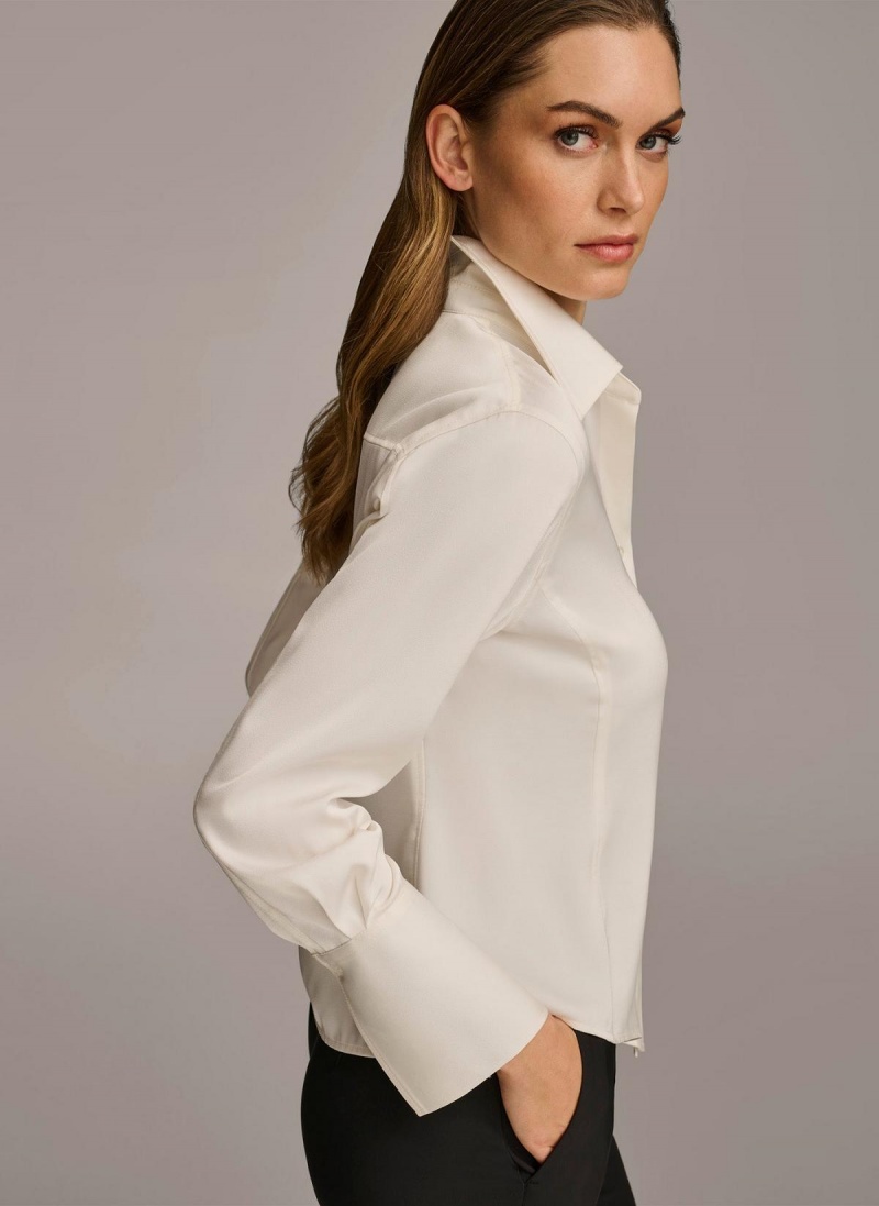 Donna Karan Collared Button Down Blouse Sweaters and Tops Cream | USA_DK37779