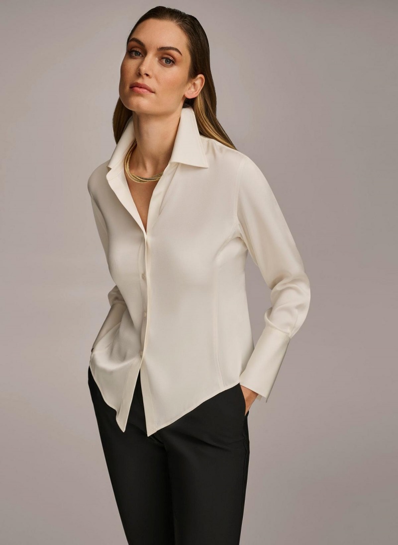 Donna Karan Collared Button Down Blouse Sweaters and Tops Cream | USA_DK37779