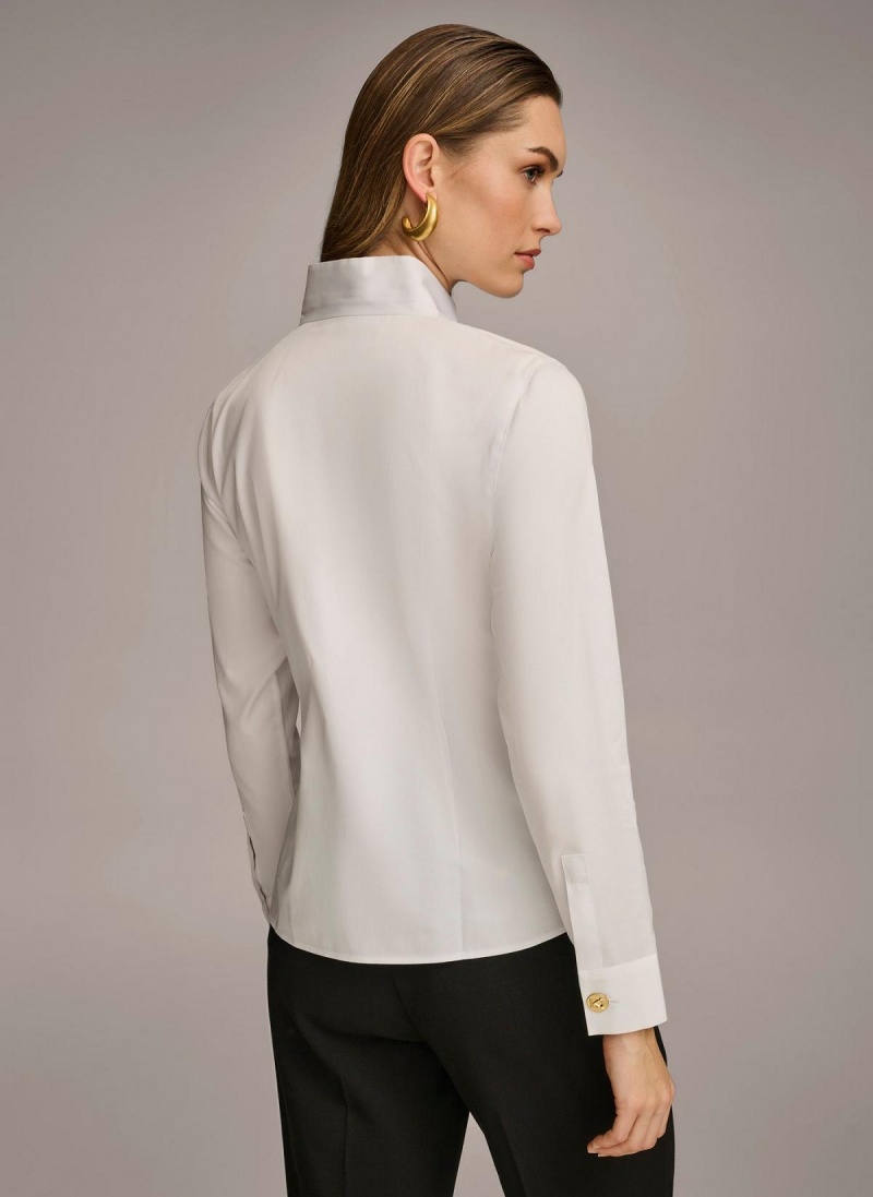 Donna Karan Cotton Notch Collar Button Down Sweaters and Tops White | USA_DK70849