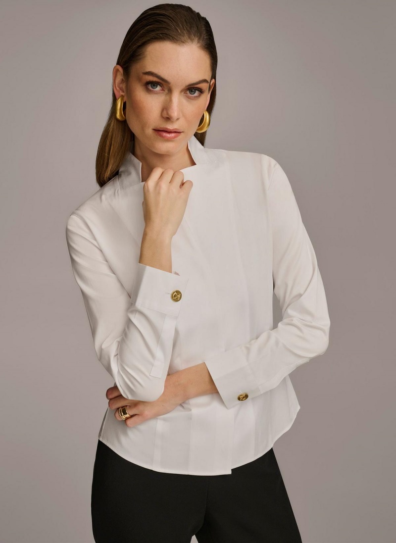 Donna Karan Cotton Notch Collar Button Down Sweaters and Tops White | USA_DK70849