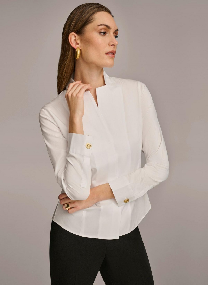 Donna Karan Cotton Notch Collar Button Down Sweaters and Tops White | USA_DK70849