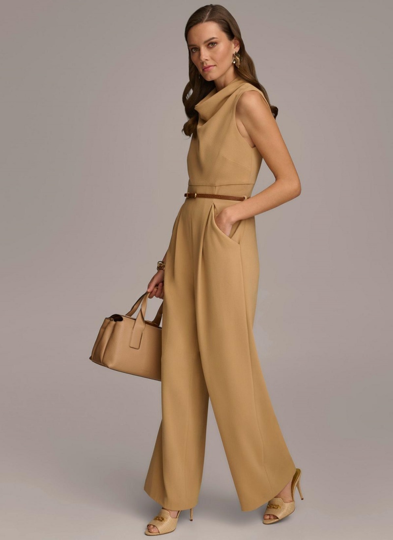 Donna Karan Cowl Neck Belted With Pockets Jumpsuit Gold | USA_DK48676