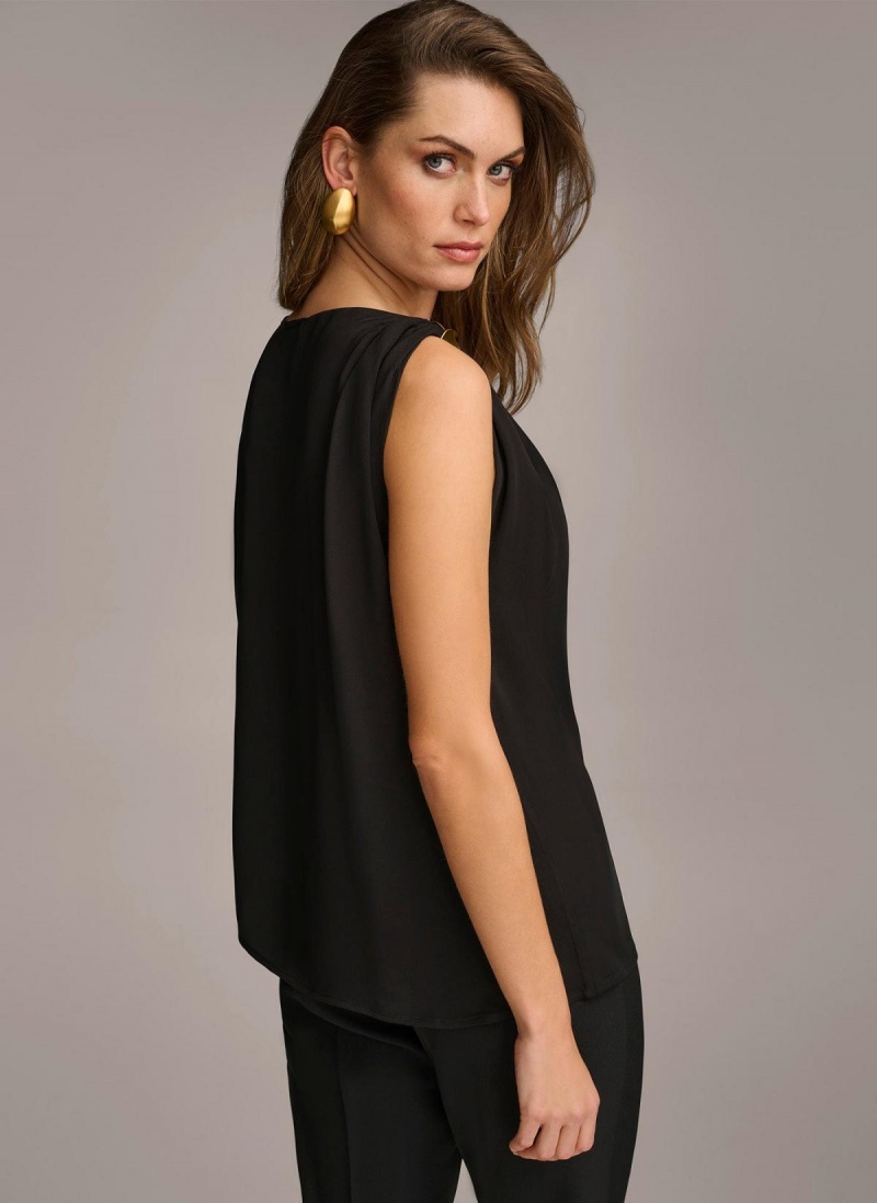 Donna Karan Gathered Hardware Shoulder Sweaters and Tops Black | USA_DK88842