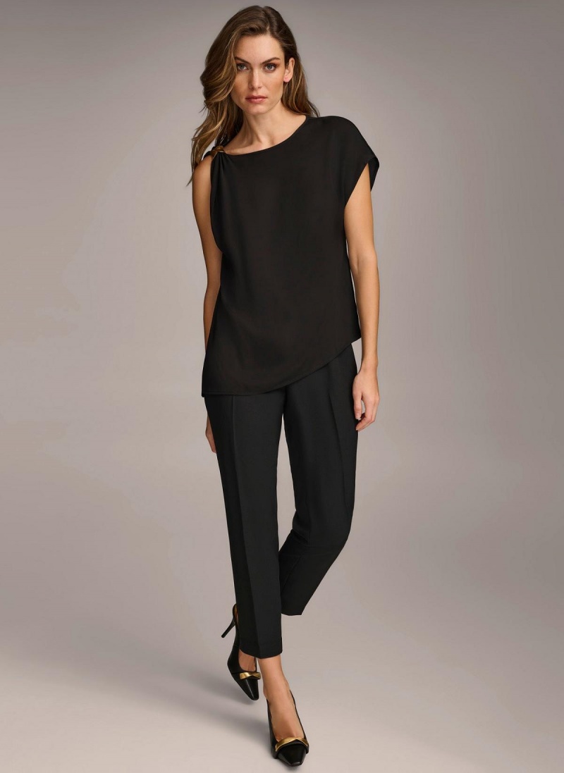 Donna Karan Gathered Hardware Shoulder Sweaters and Tops Black | USA_DK88842