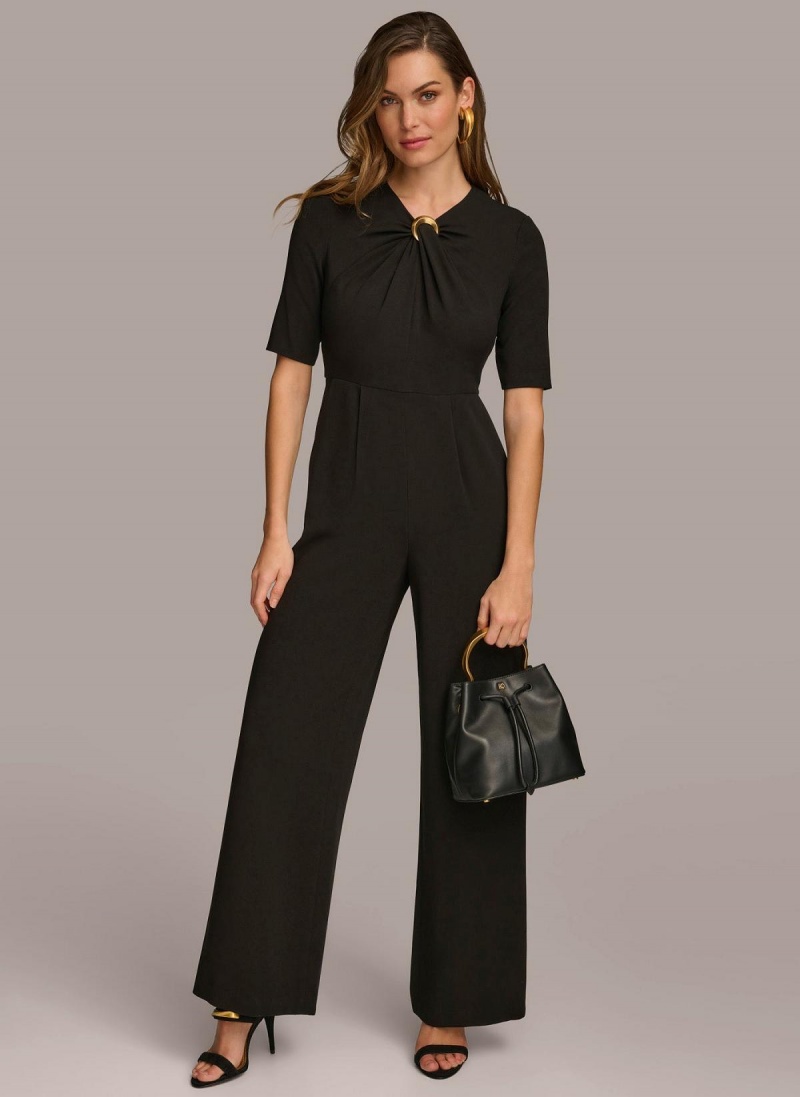 Donna Karan Half Sleeve Twist Neck Jumpsuit Black | USA_DK26893