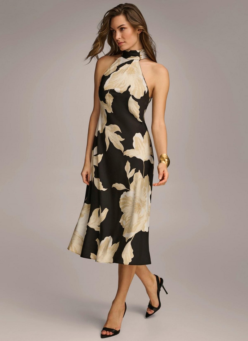 Donna Karan Halter Floral Print Midi Dress Black / Cream | USA_DK94664