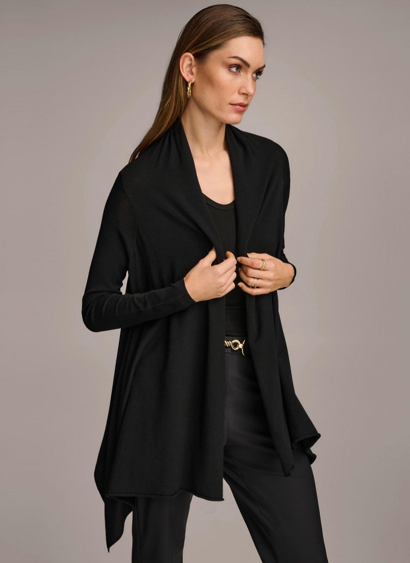 Donna Karan Long Sleeve Drape Cardigan Sweaters and Tops Black | USA_DK25987