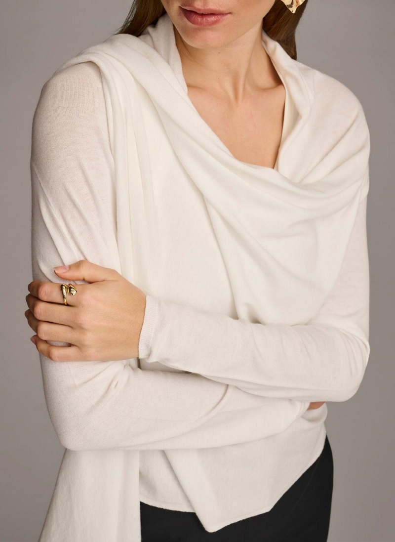 Donna Karan Long Sleeve Drape Cardigan Sweaters and Tops Cream | USA_DK16932