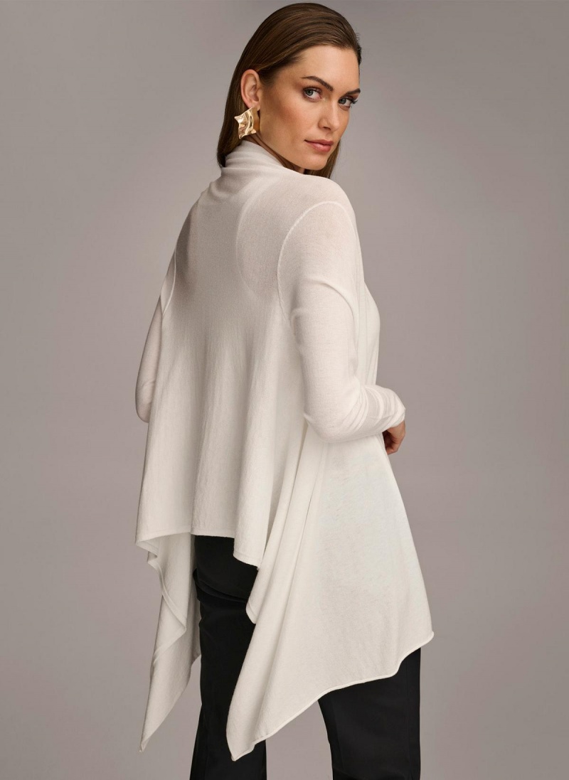 Donna Karan Long Sleeve Drape Cardigan Sweaters and Tops Cream | USA_DK16932