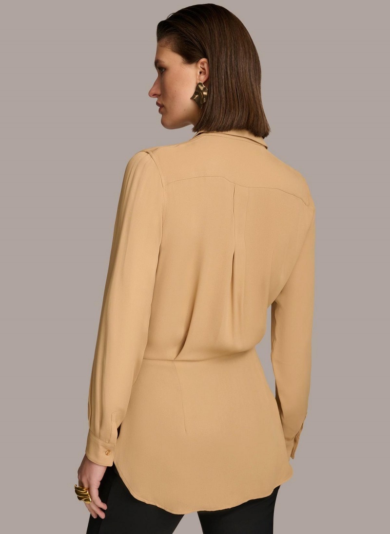 Donna Karan Long Sleeve High-low With Tie At Waist Sweaters and Tops Gold | USA_DK99330