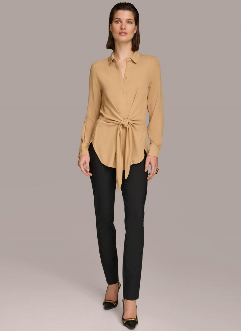 Donna Karan Long Sleeve High-low With Tie At Waist Sweaters and Tops Gold | USA_DK99330