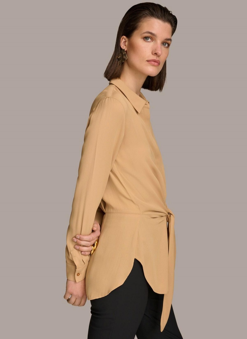 Donna Karan Long Sleeve High-low With Tie At Waist Sweaters and Tops Gold | USA_DK99330