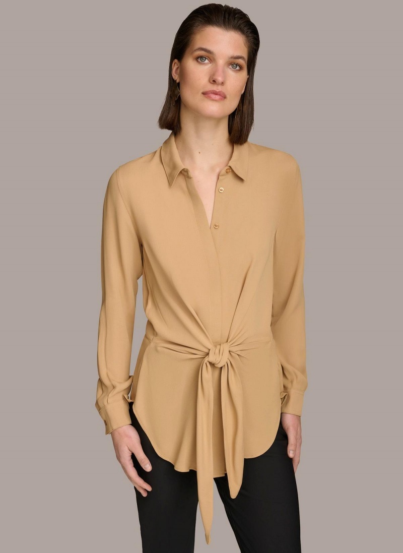 Donna Karan Long Sleeve High-low With Tie At Waist Sweaters and Tops Gold | USA_DK99330