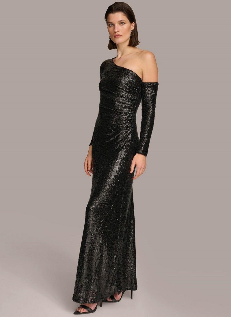 Donna Karan One Shoulder Sequin Dress Black | USA_DK17749