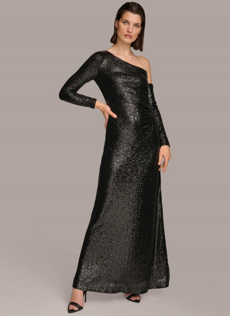 Donna Karan One Shoulder Sequin Dress Black | USA_DK17749