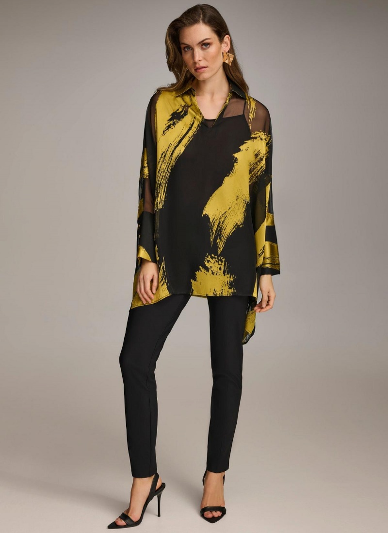 Donna Karan Print Collared Tunic Sweaters and Tops Black | USA_DK71930