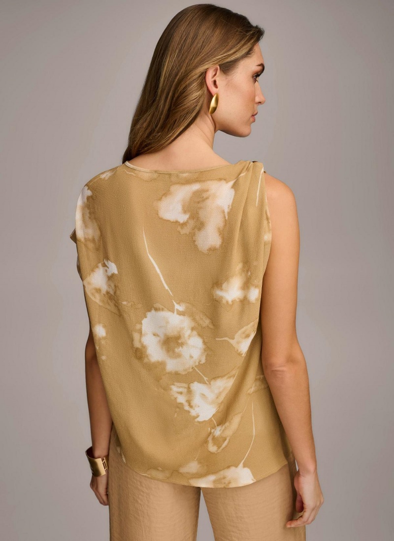 Donna Karan Printed Gathered Hardware Shoulder Sweaters and Tops Gold Cream | USA_DK32727