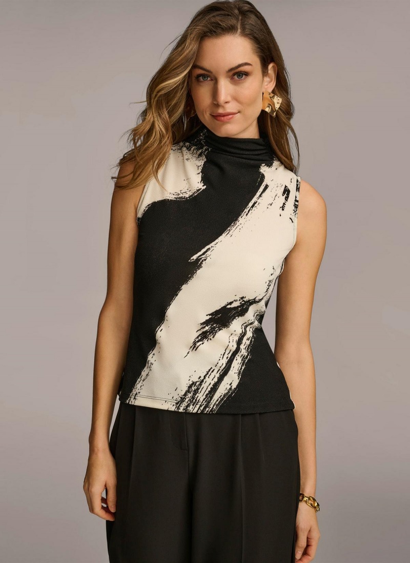 Donna Karan Sleeveless Mockneck Sweaters and Tops Black / Cream | USA_DK86560