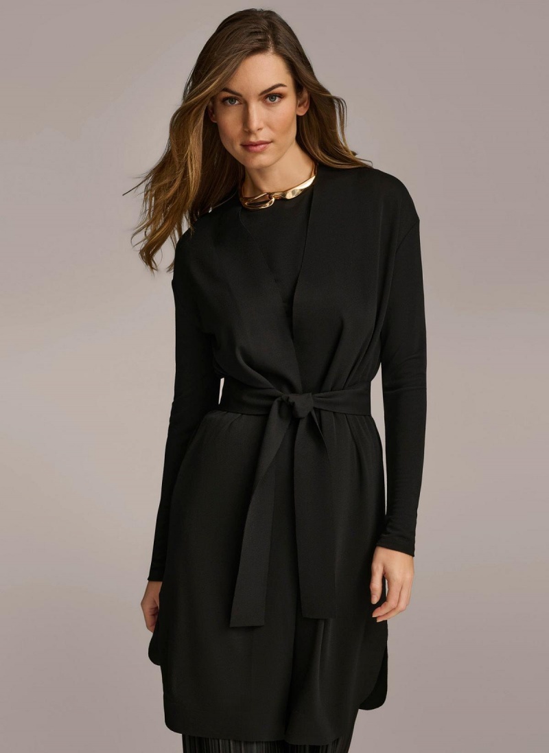 Donna Karan Tie Waist Cardigan Sweaters and Tops Black | USA_DK12831