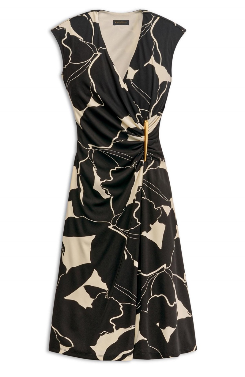 Donna Karan Vneck Midi Dress Black / Cream | USA_DK24290