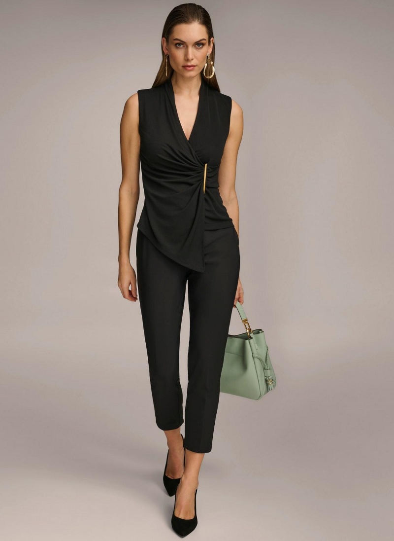 Donna Karan V-neck With Hardware And Ruched Detail Sweaters and Tops Black | USA_DK46158