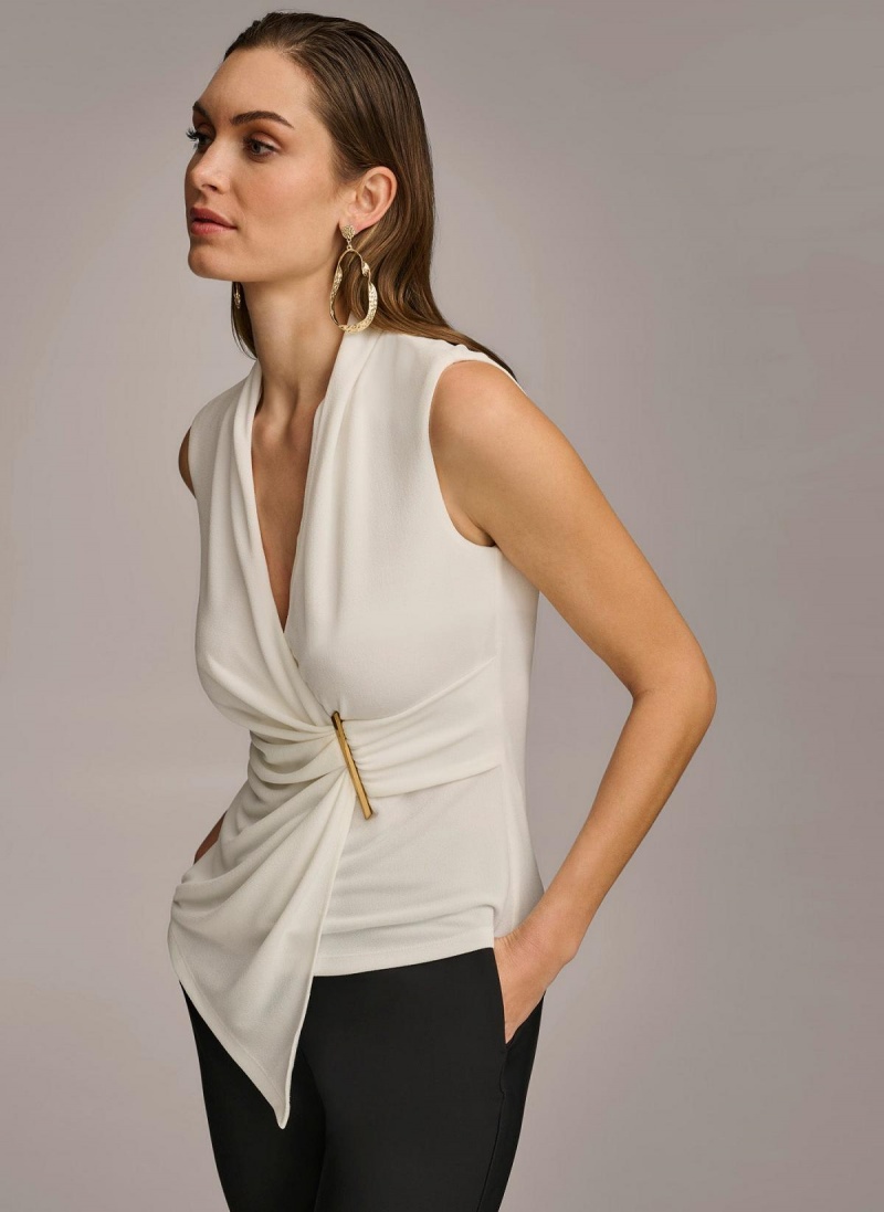 Donna Karan V-neck With Hardware And Ruched Detail Sweaters and Tops Cream | USA_DK52696