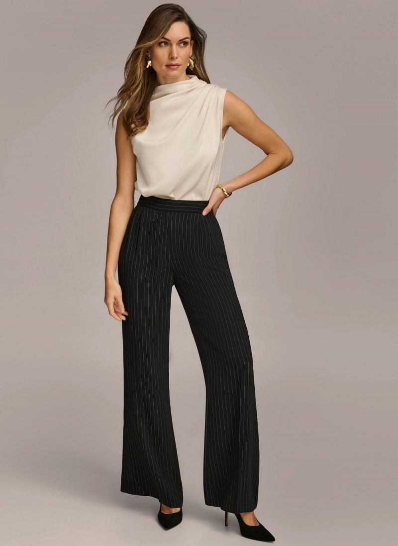 Donna Karan Wide Leg Pinstripe Pants Black | USA_DK10116